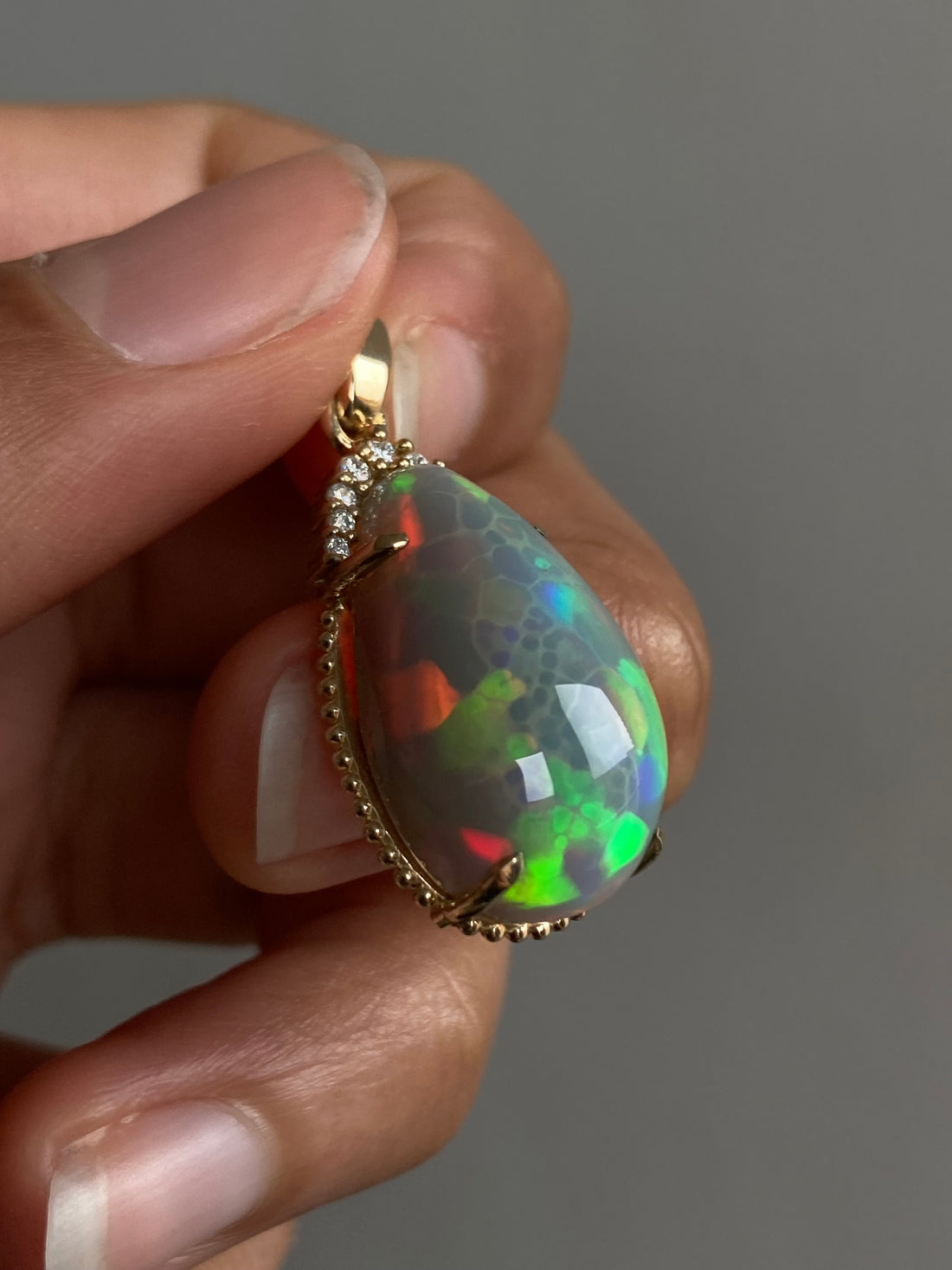 14k Ethiopian Honeycomb Opal and Diamond Pendant