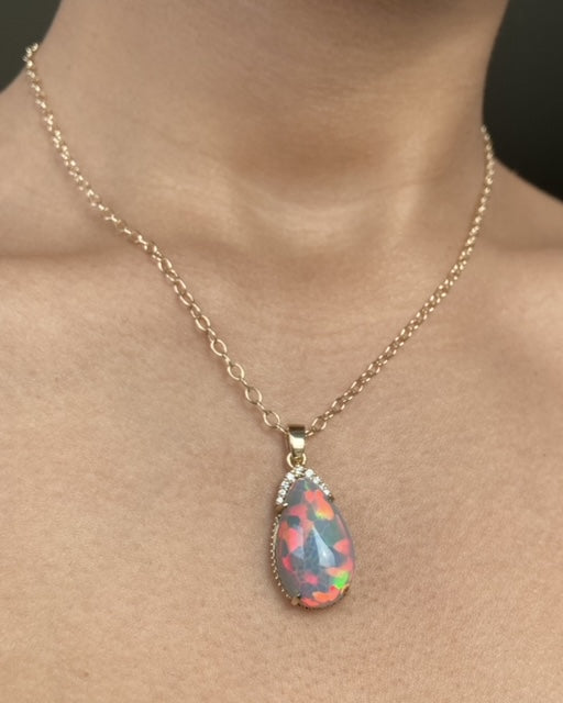14k Ethiopian Honeycomb Opal and Diamond Pendant