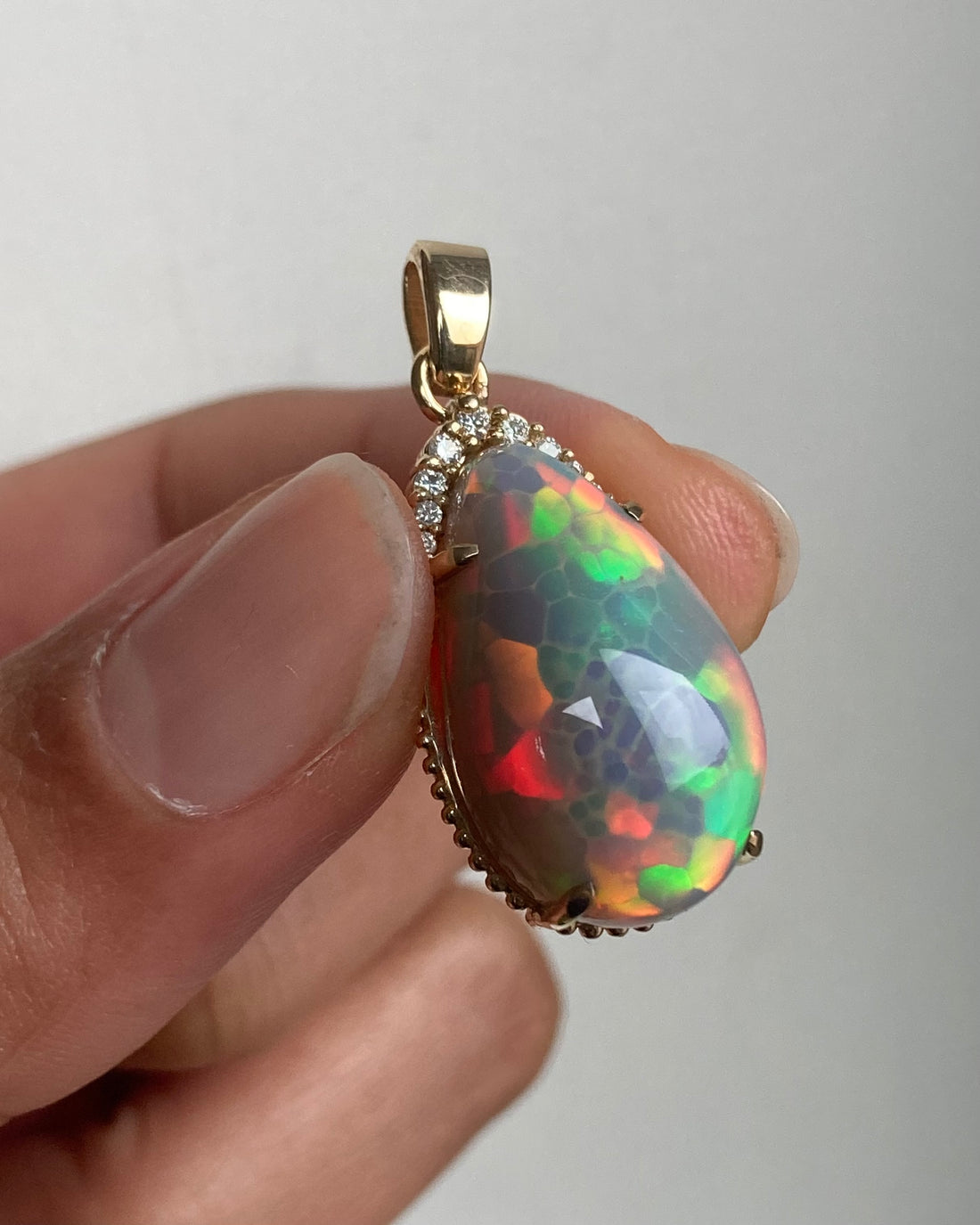 14k Ethiopian Honeycomb Opal and Diamond Pendant