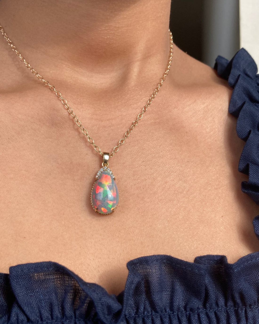 14k Ethiopian Honeycomb Opal and Diamond Pendant