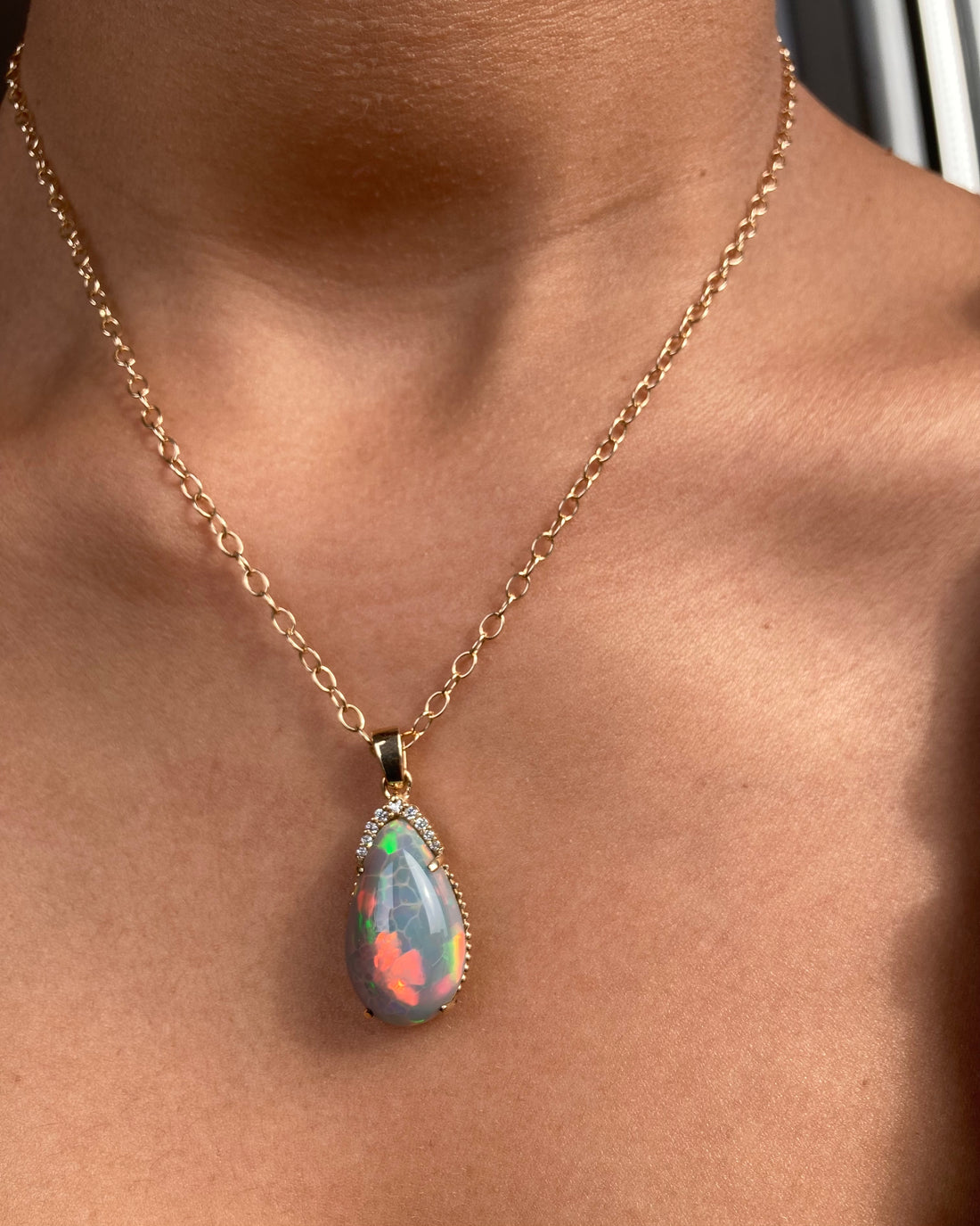 14k Ethiopian Honeycomb Opal and Diamond Pendant