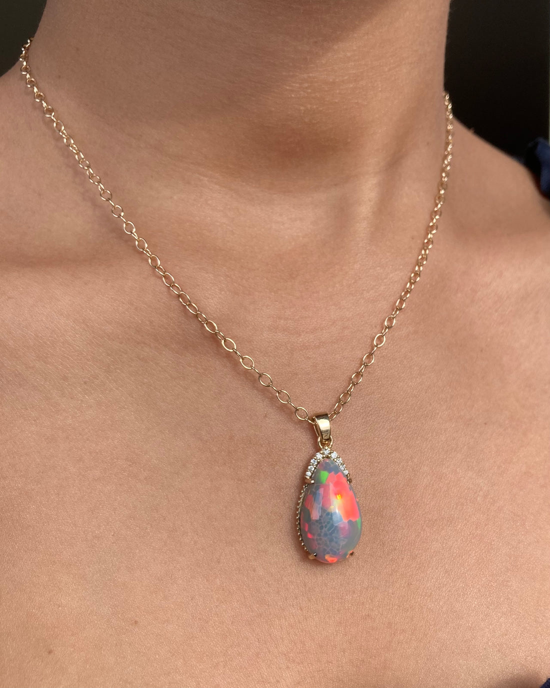 14k Ethiopian Honeycomb Opal and Diamond Pendant