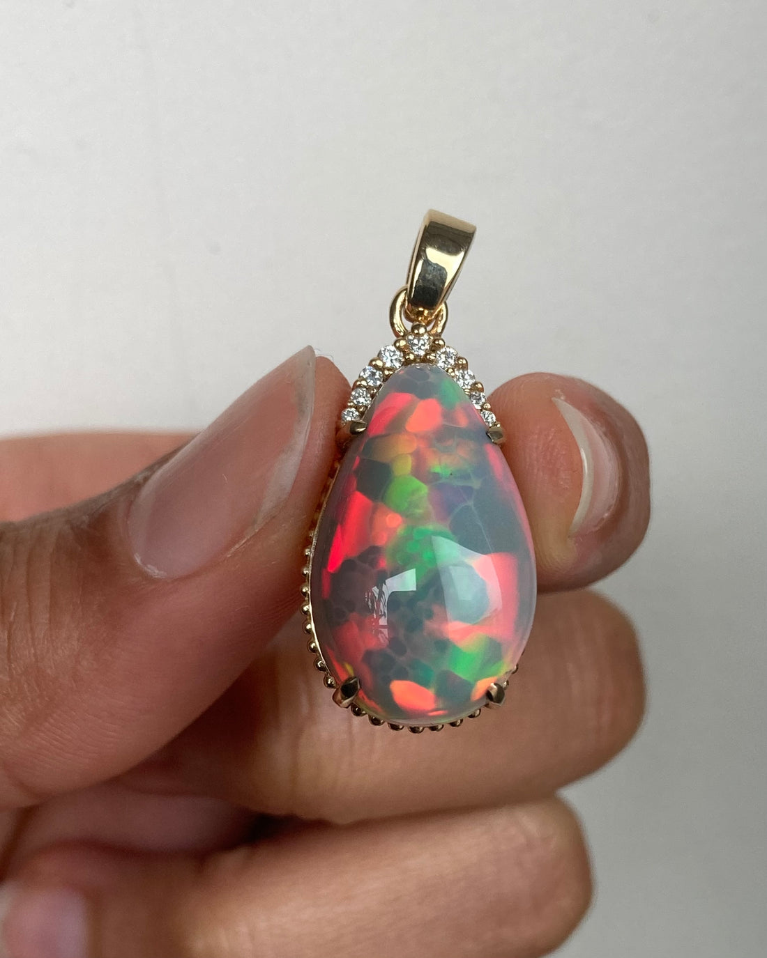 14k Ethiopian Honeycomb Opal and Diamond Pendant