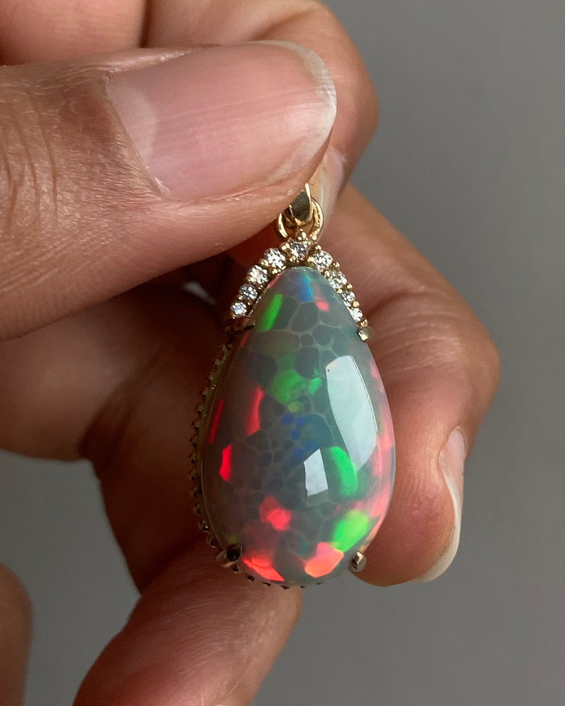 14k Ethiopian Honeycomb Opal and Diamond Pendant