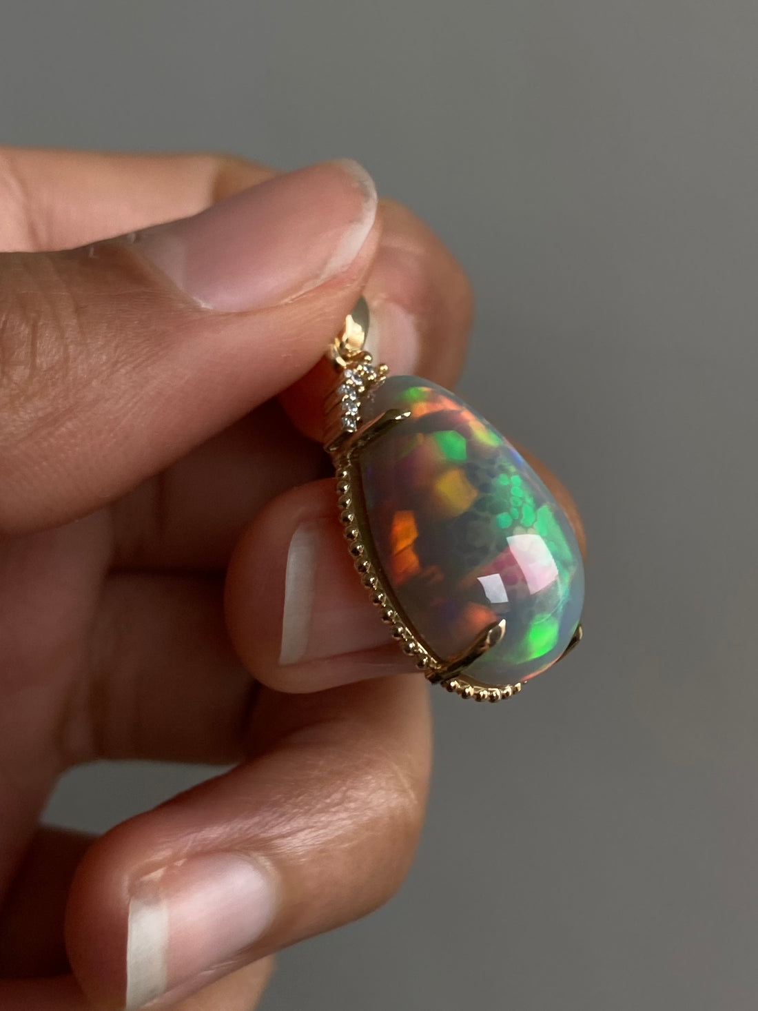 14k Ethiopian Honeycomb Opal and Diamond Pendant