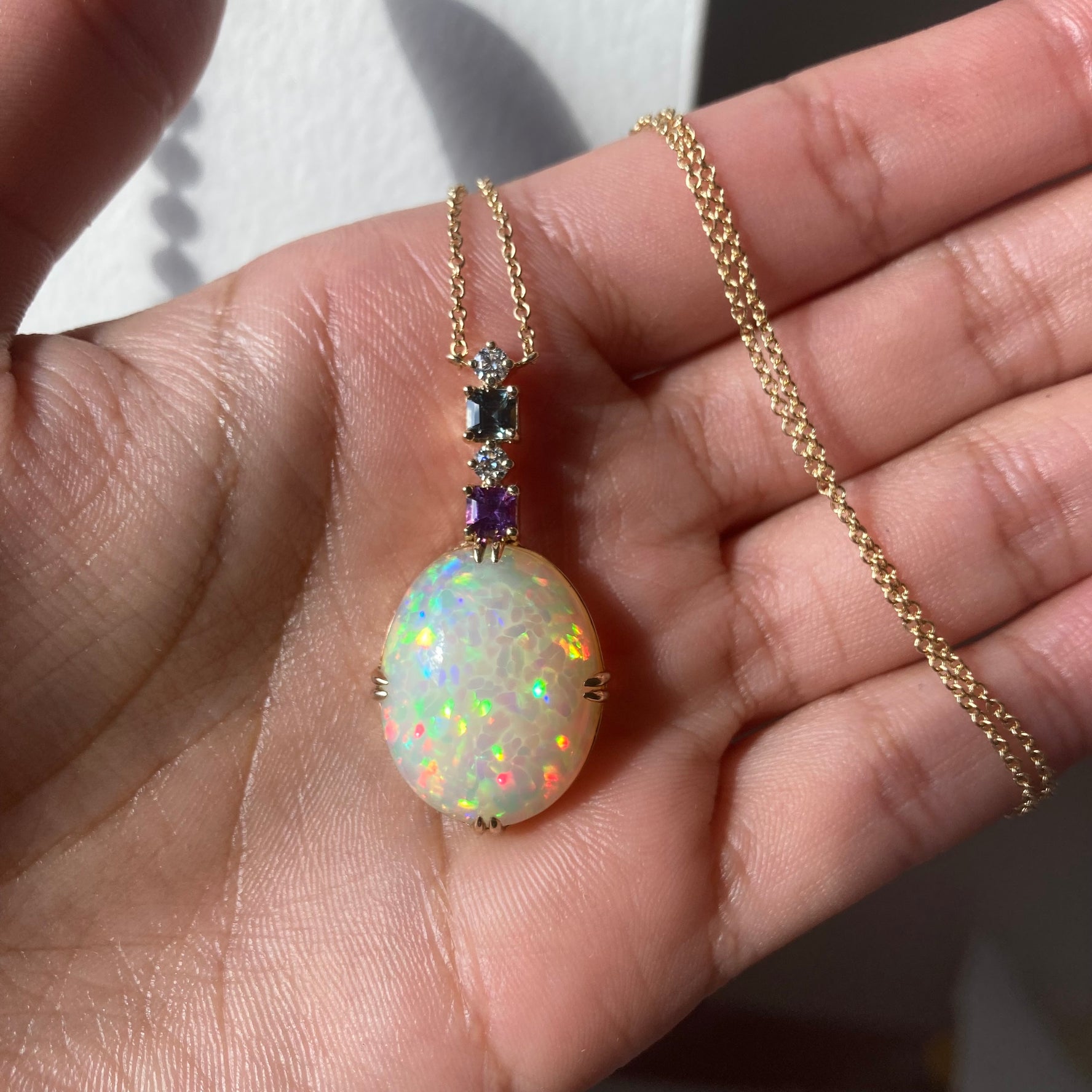 Poésie - 14k Opal Necklace with Diamonds & Sapphires