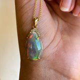14k solid yellow gold black opal  teardrop pendant with diamond accents