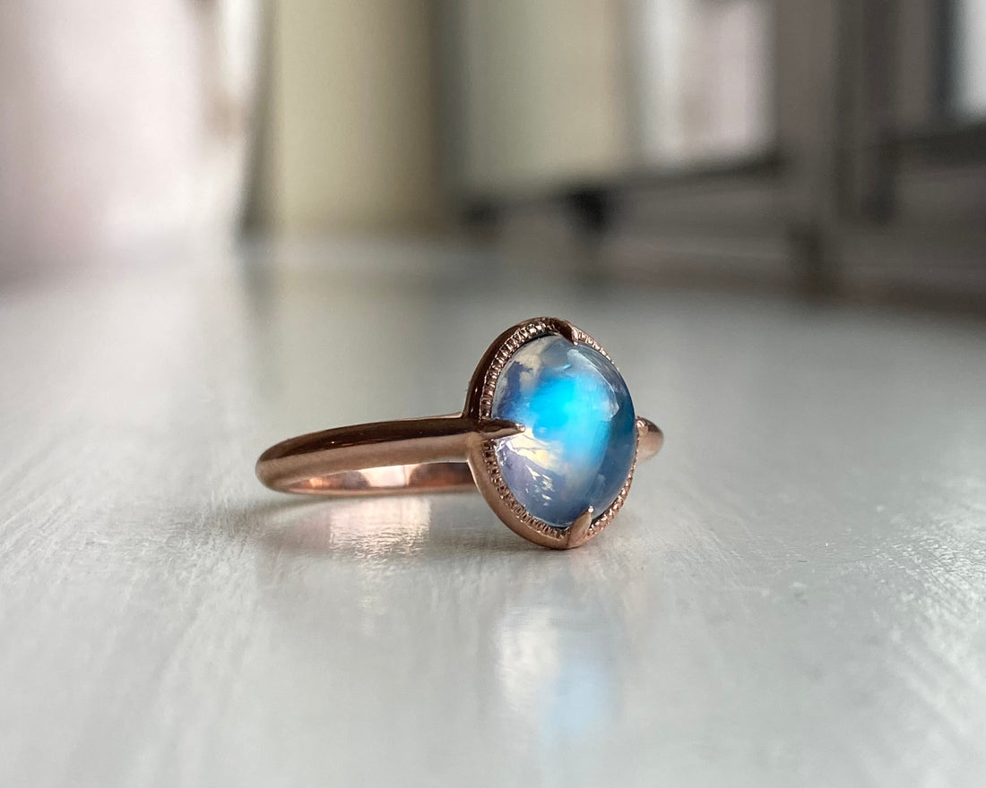 14k Rainbow Moonstone Ring with Milgrain