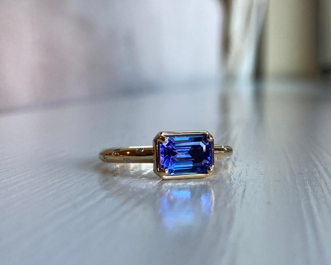 14k Tanzanite Ring with a Diamond Dotted Band - Emerald Cut