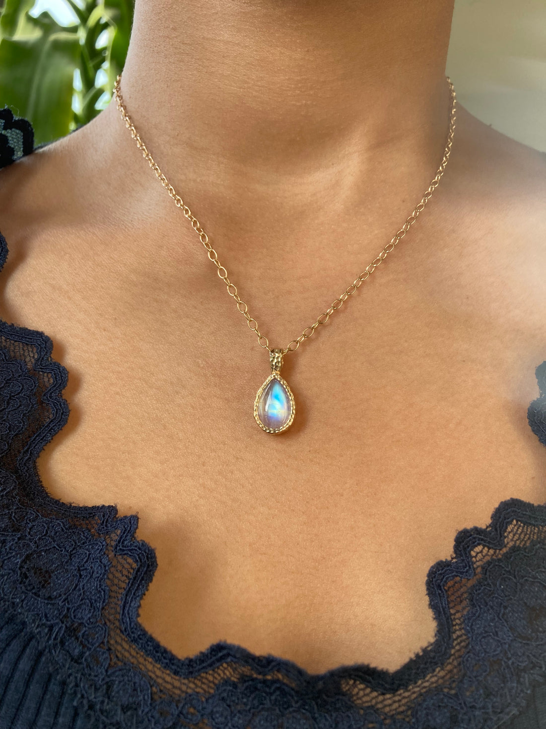 14k Hammered Moonstone Pendant