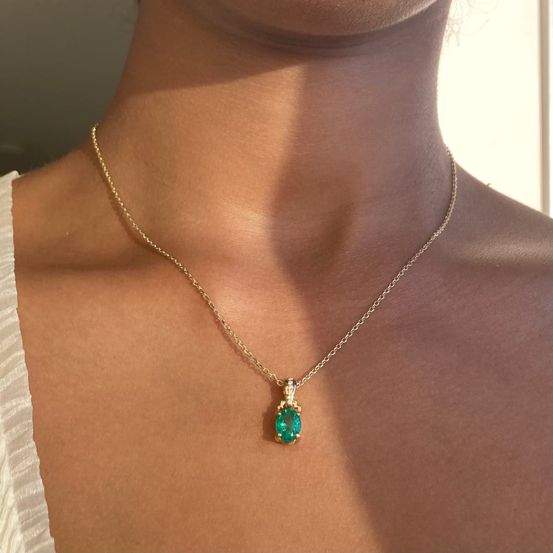 14k No Oil Zambian Emerald and Diamond Pendant