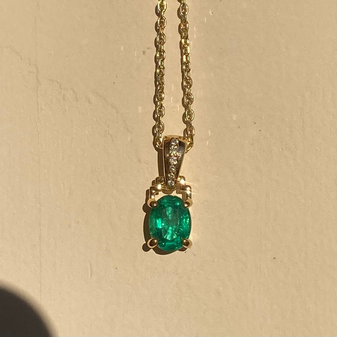 14k No Oil Zambian Emerald and Diamond Pendant