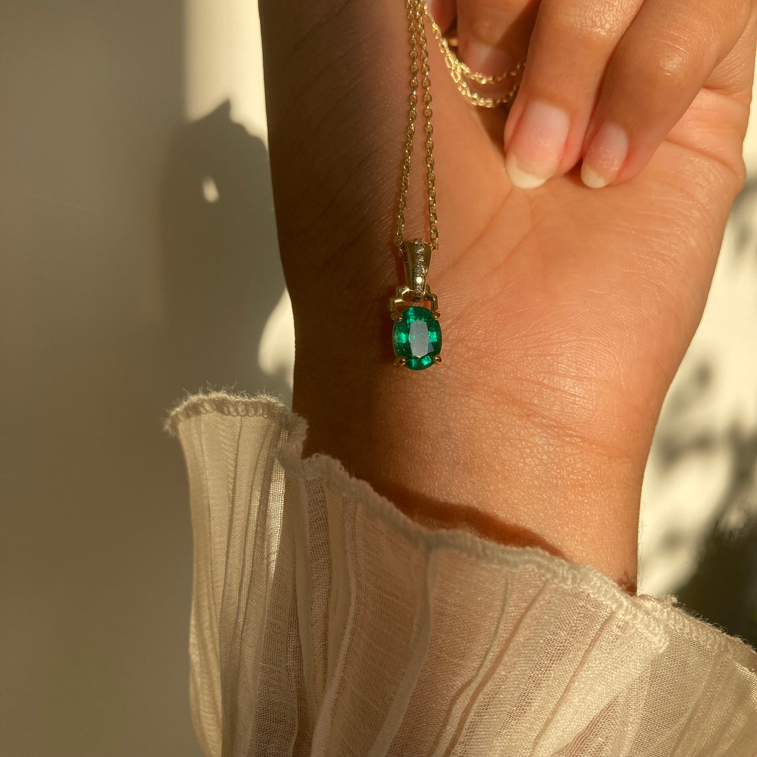 14k No Oil Zambian Emerald and Diamond Pendant