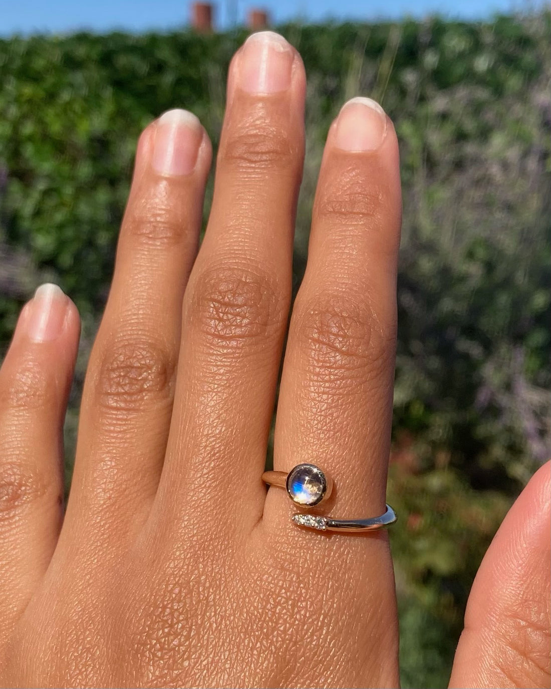 14k Moonstone and Diamond Crossover Ring