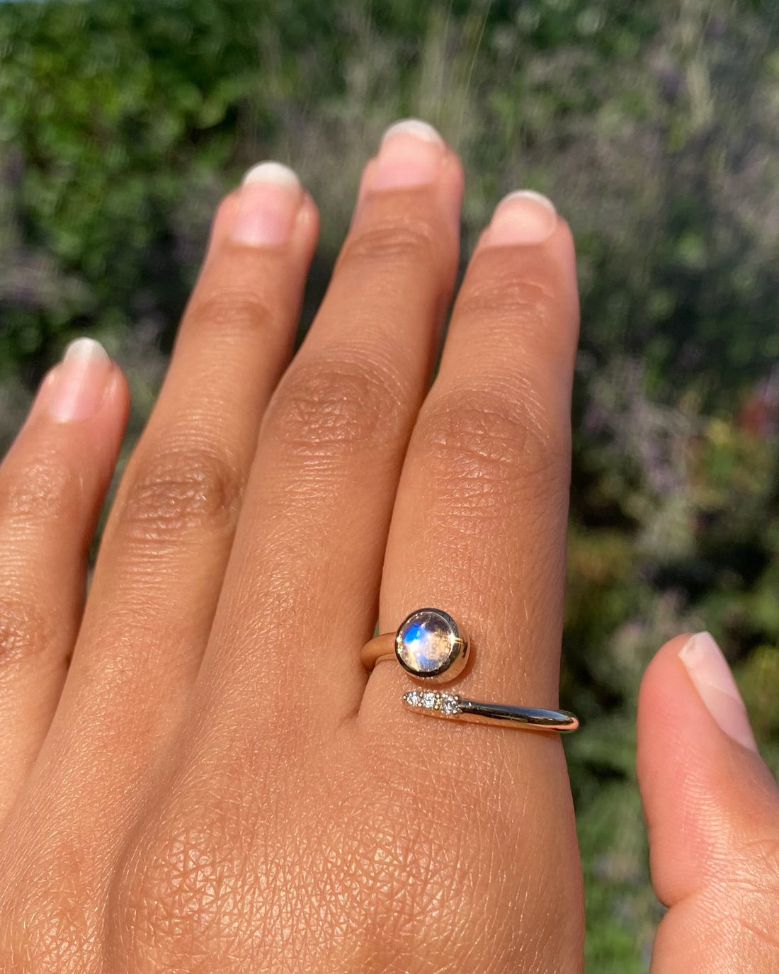14k Moonstone and Diamond Crossover Ring