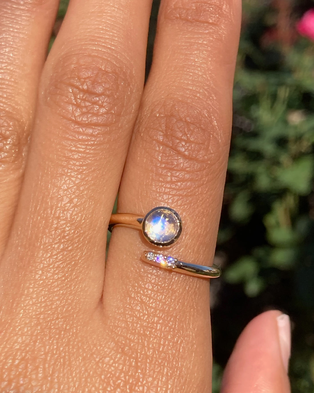 14k Moonstone and Diamond Crossover Ring