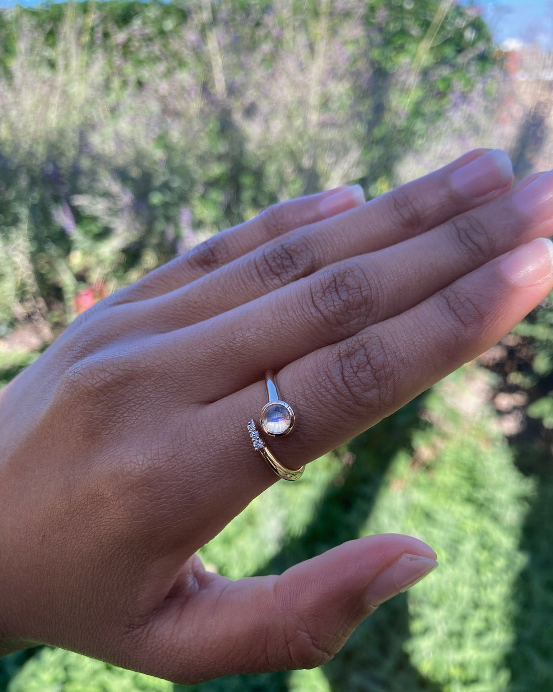 14k Moonstone and Diamond Crossover Ring