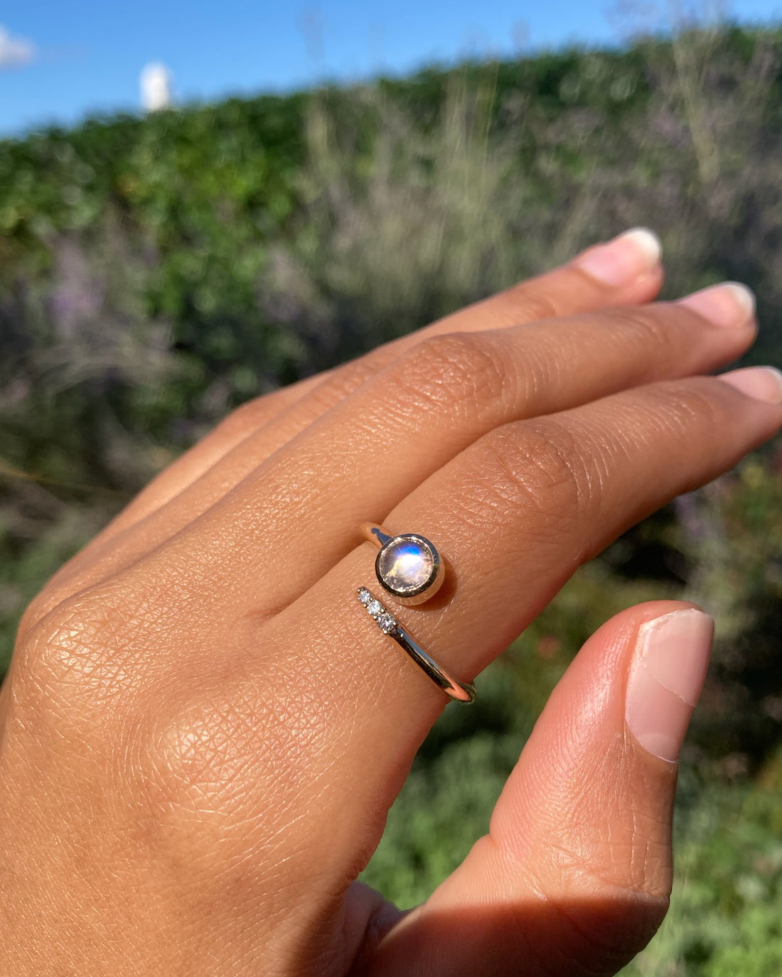 14k Moonstone and Diamond Crossover Ring