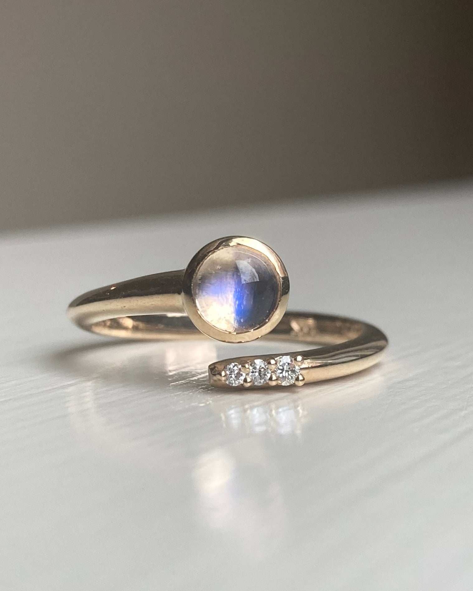 14k Moonstone and Diamond Crossover Ring