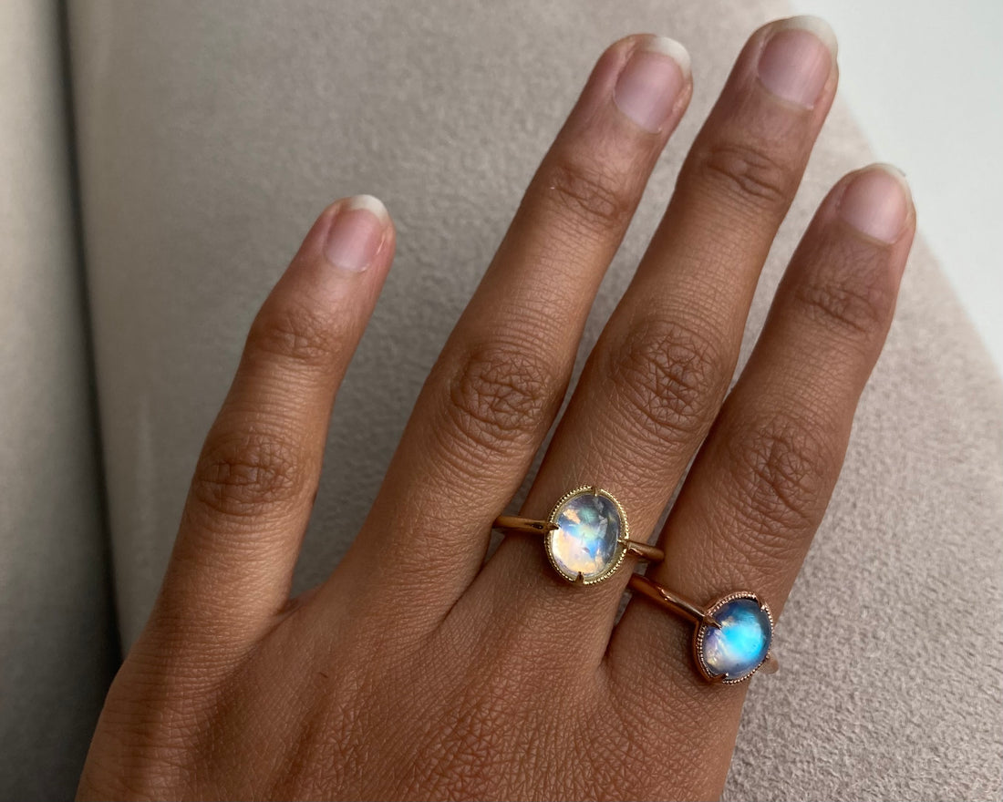14k Rainbow Moonstone Ring with Milgrain