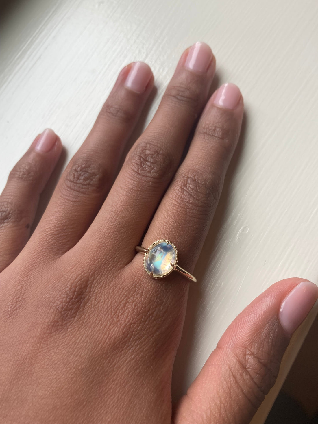 14k Rainbow Moonstone Ring with Milgrain