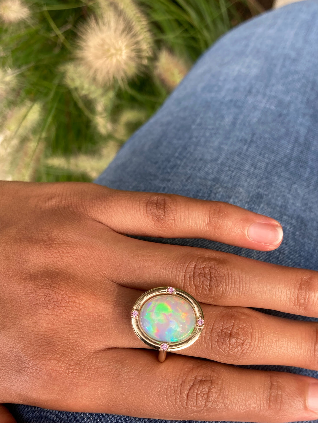 Melody - 14k Rainbow Bright Opal and Pink Sapphire Ring