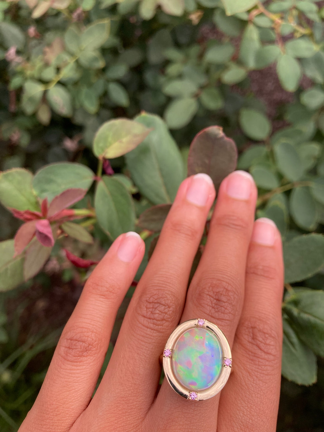 Melody - 14k Rainbow Bright Opal and Pink Sapphire Ring