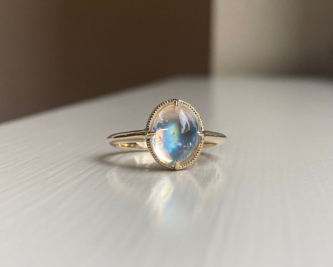 14k Rainbow Moonstone Ring with Milgrain