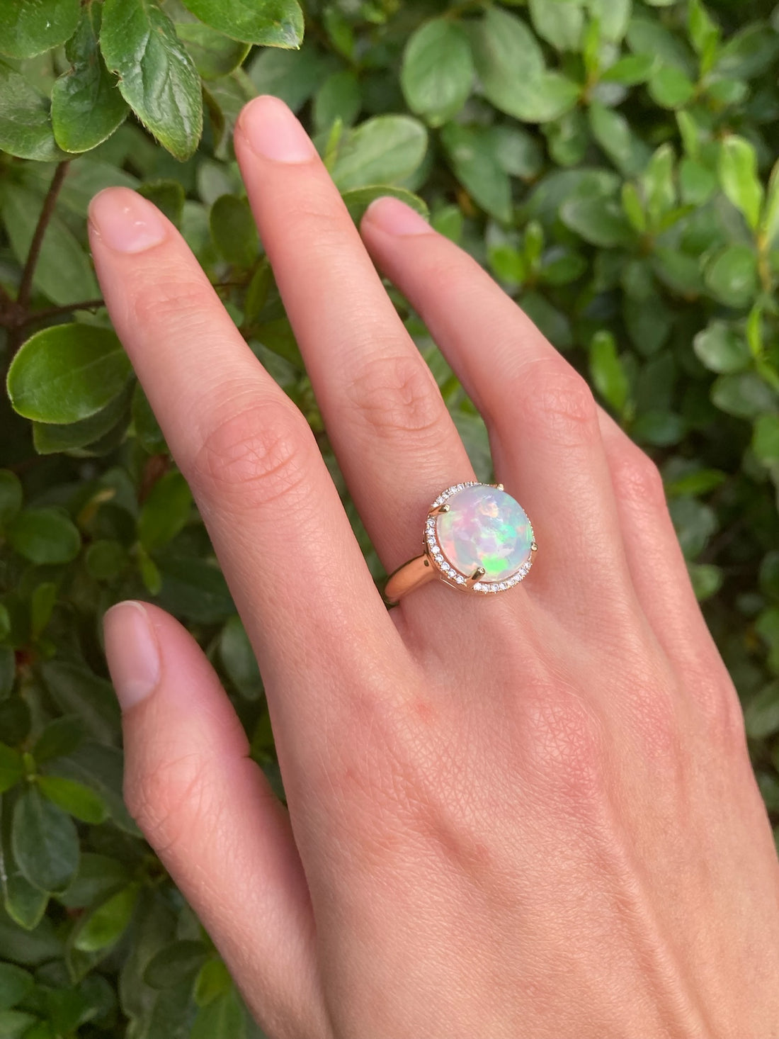 Ophelia - 14k Opal Ring with a Diamond Halo
