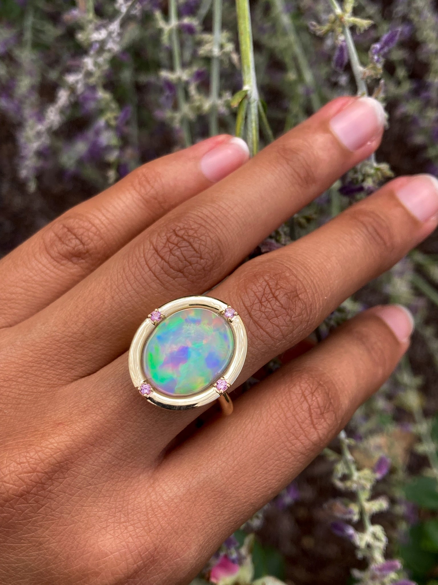 Melody - 14k Rainbow Bright Opal and Pink Sapphire Ring