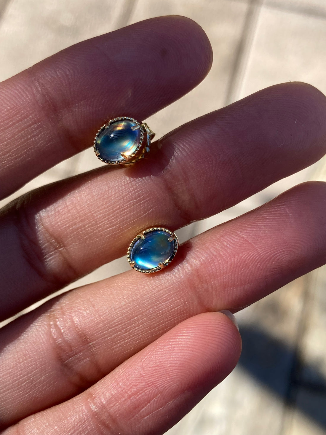 14k Moonstone Studs with Milgrain, single