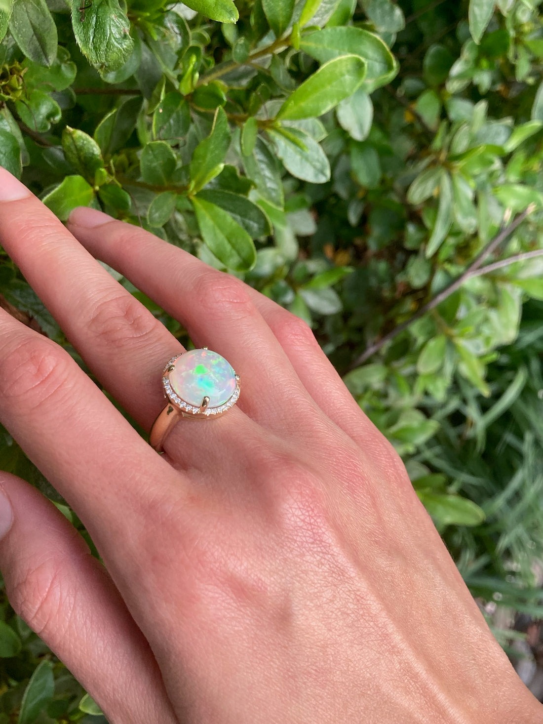 Ophelia - 14k Opal Ring with a Diamond Halo