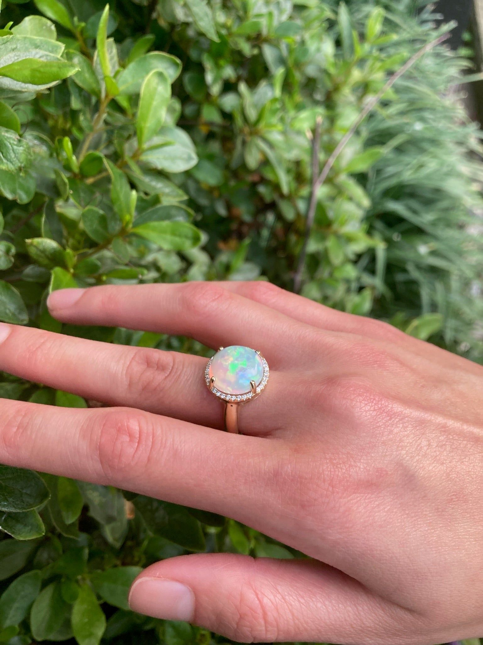 Ophelia - 14k Opal Ring with a Diamond Halo