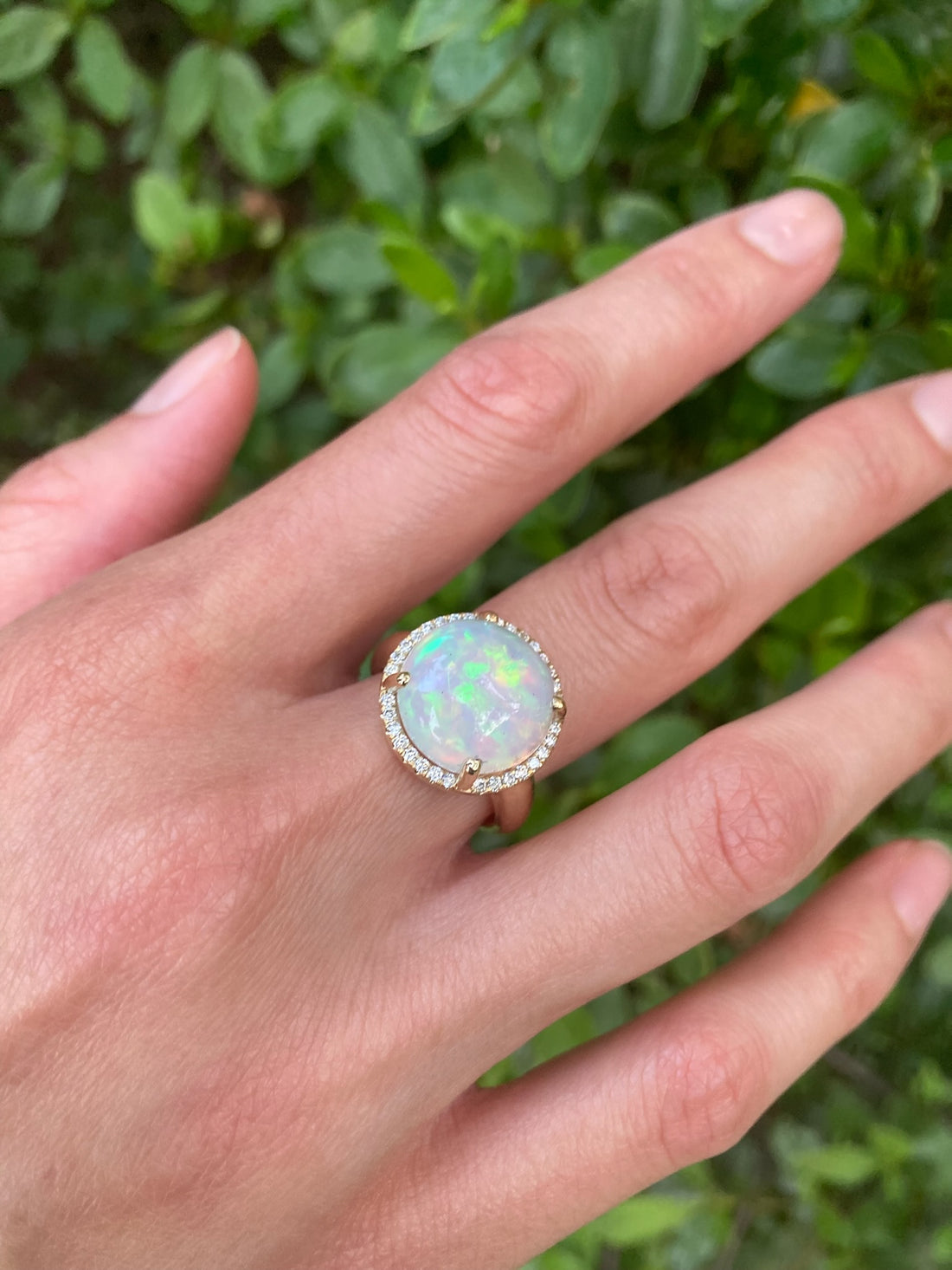 Ophelia - 14k Opal Ring with a Diamond Halo