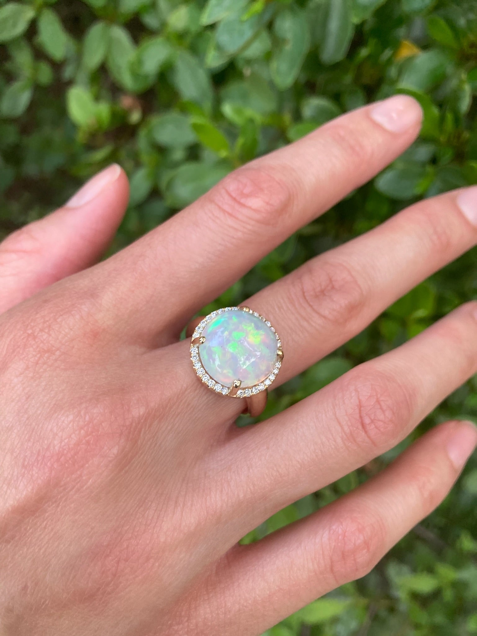 Ophelia - 14k Opal Ring with a Diamond Halo