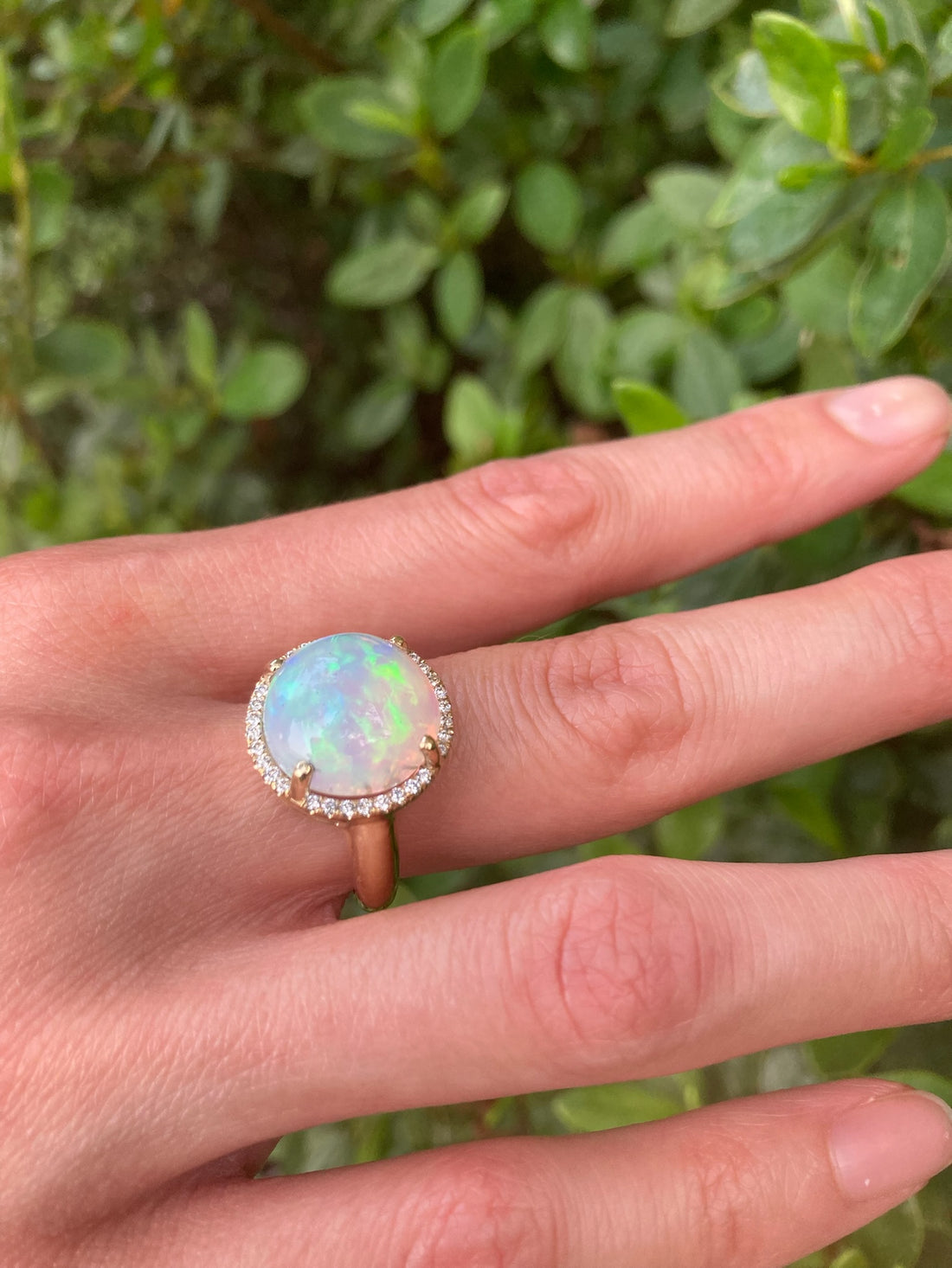 Ophelia - 14k Opal Ring with a Diamond Halo
