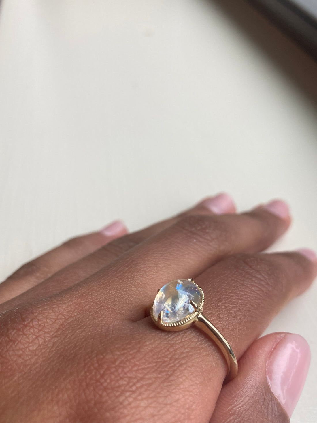 14k Rainbow Moonstone Ring with Milgrain