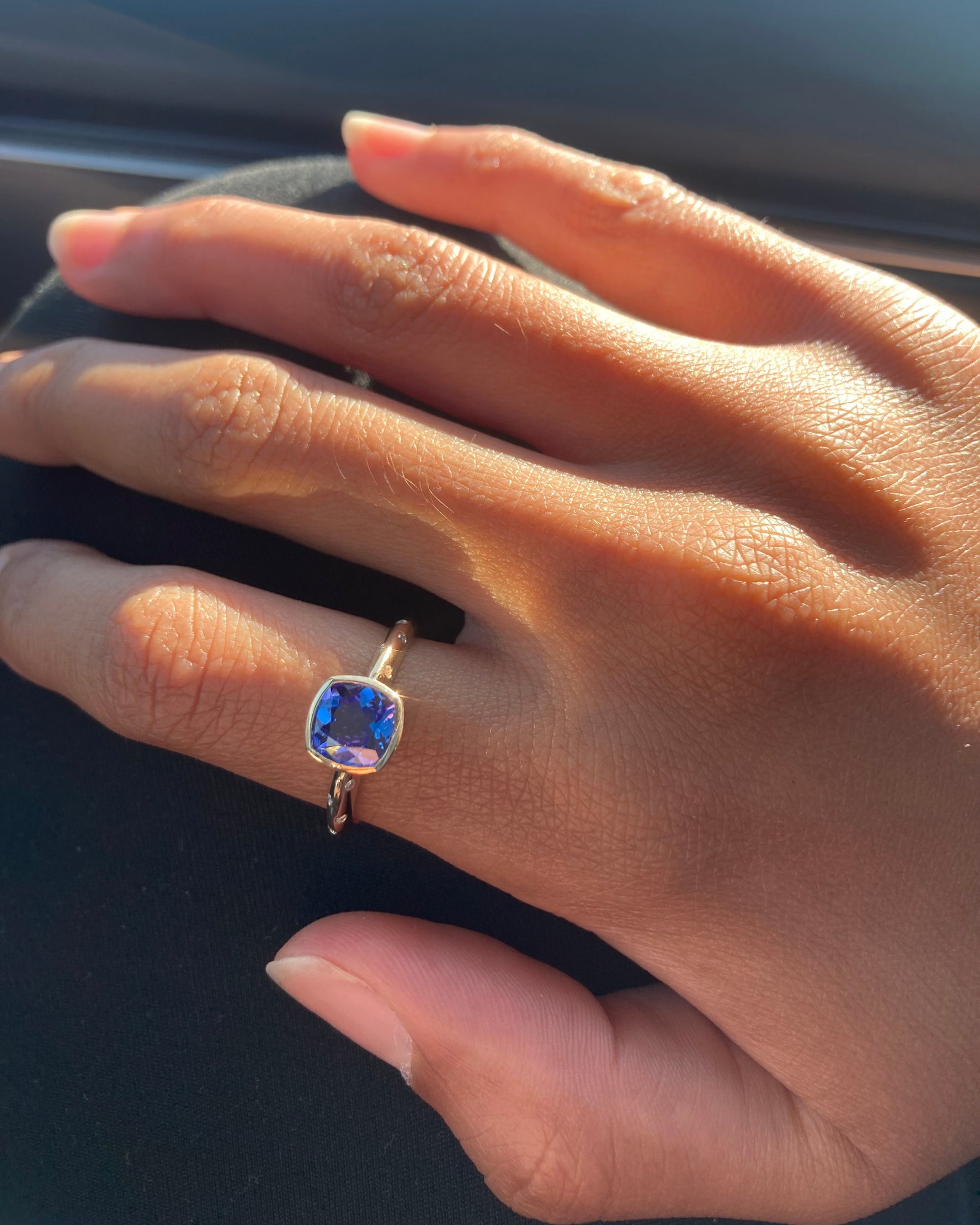 14k Tanzanite Ring with a Diamond Dotted Band - Cushion Cut